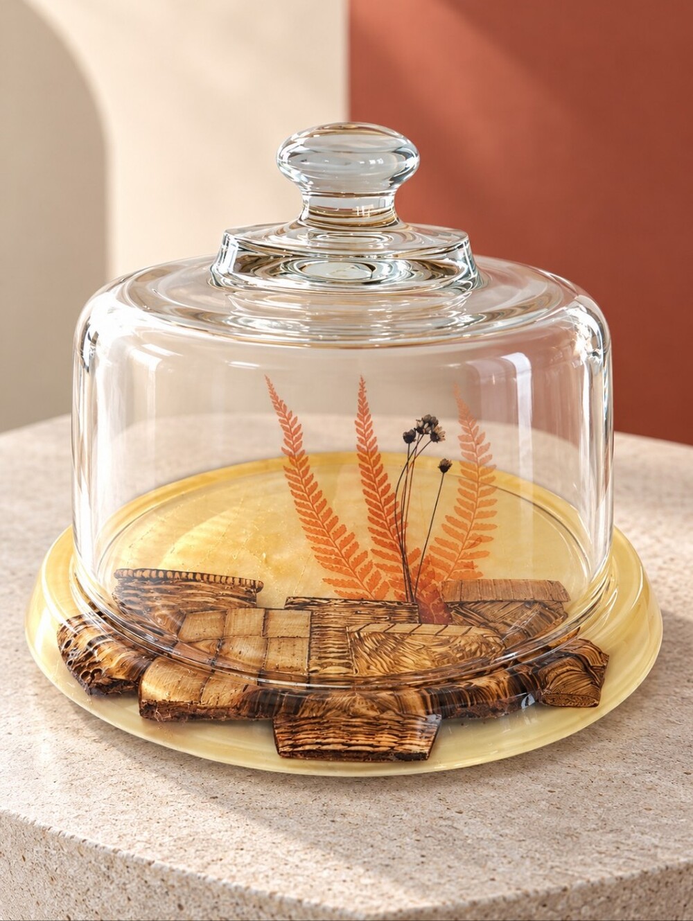 Vintage 1970s Colorflo Resin Botanical Cheese Board Glass Dome USA